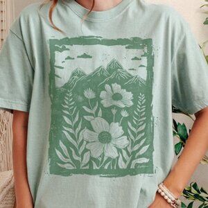 Mountain Wildflower Scene Tee Rustic Nature Graphic Top Outdoor Gorpcore